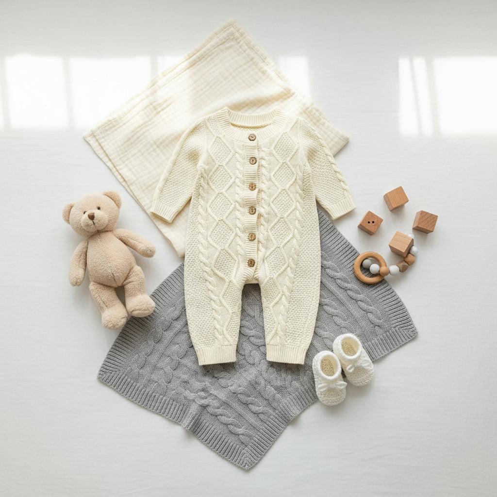 Baumwollgestrickter Langarm Babystrampler 100% Baumwolle