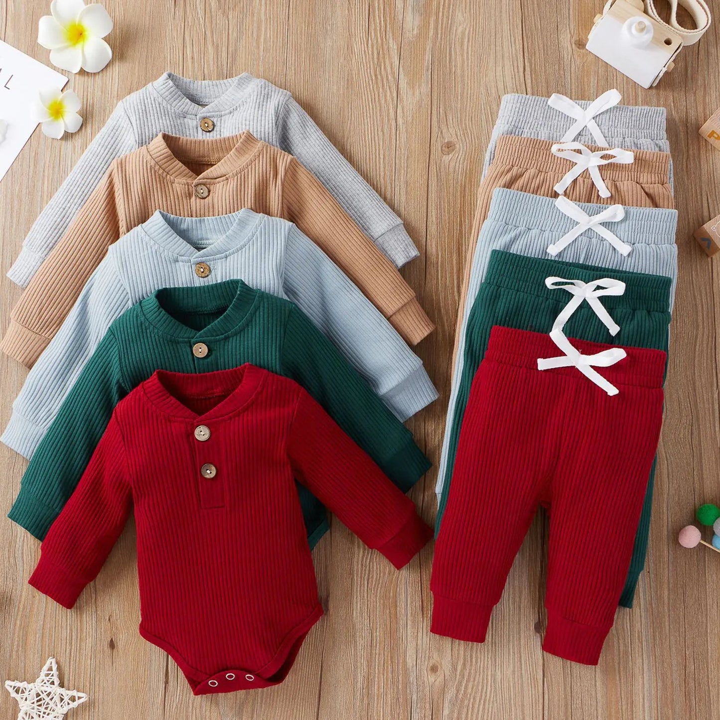 Baumwolle Langarm Baby Strampler und Hosen Set